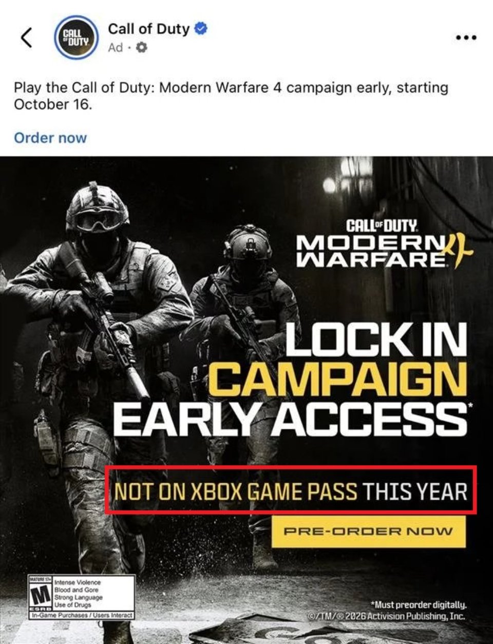 使命召唤:现代战争4今年不在Xbox Game Pass上引关注